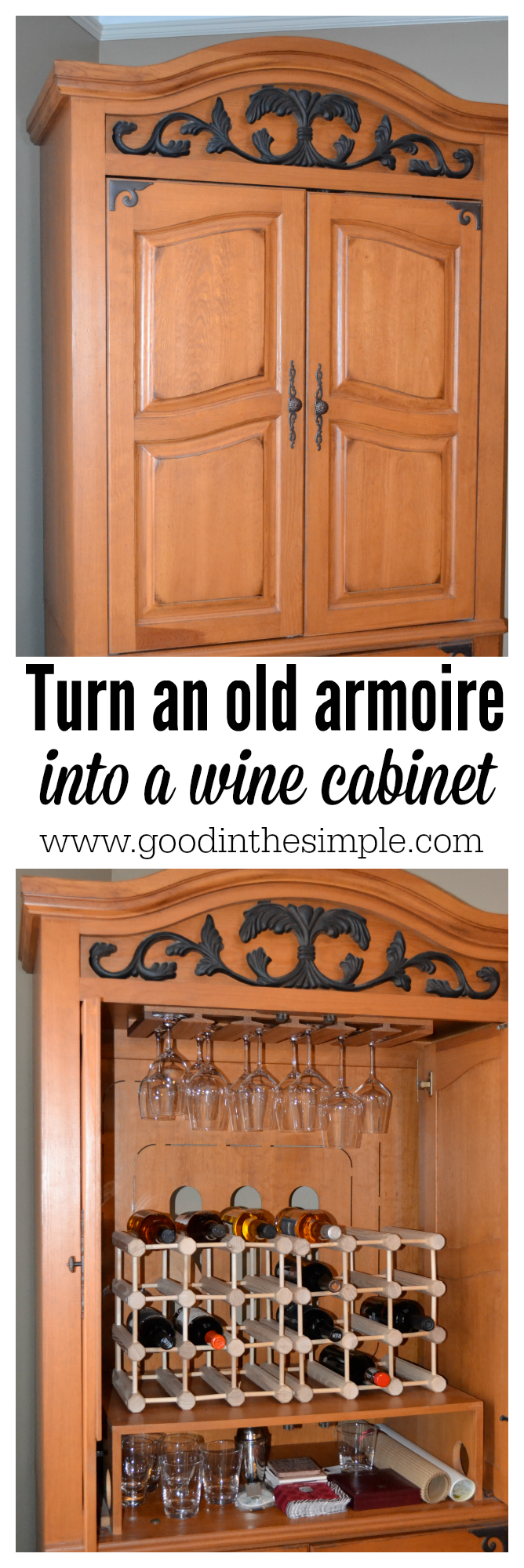 Simple DIY project: turn an old television armoire into a wine/liquor cabinet in a few easy steps.