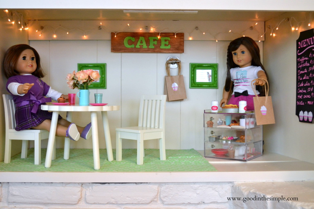 A DIY version of Grace's American Girl Bakery made from an empty cabinet. www.goodinthesimple.com