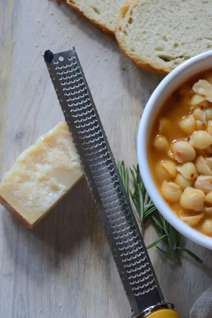 Cheese grater with block of fresh parmesan cheese