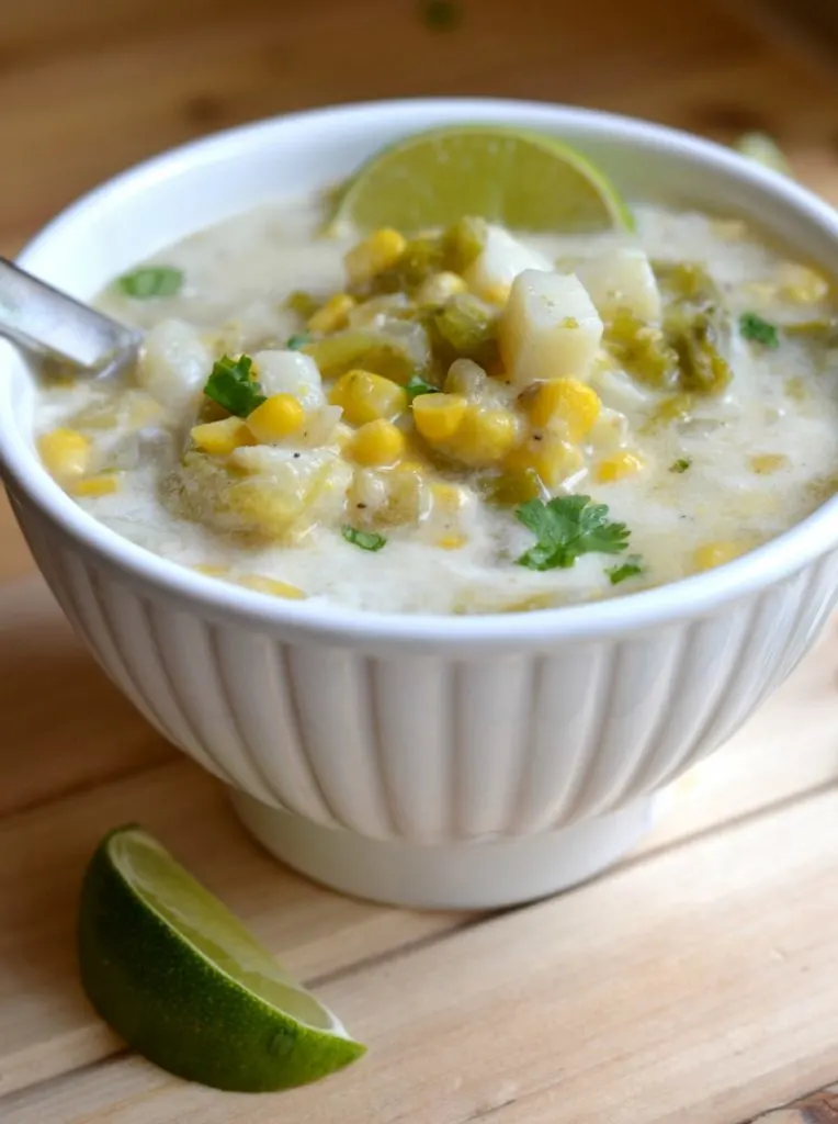 Corn and green chile chowder in a white bowl