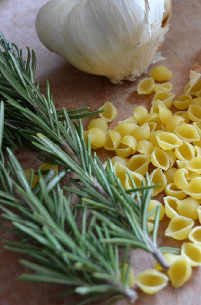 Pasta Fagioli ingredients include fresh rosemary, garlic, and small pasta shells