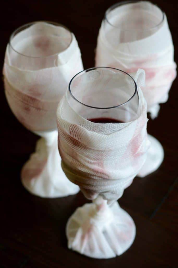 Gauze wrapped wine glasses for Halloween