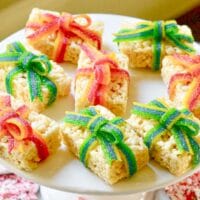 Plate of Christmas Rice Krispies Treats with Candy Bows