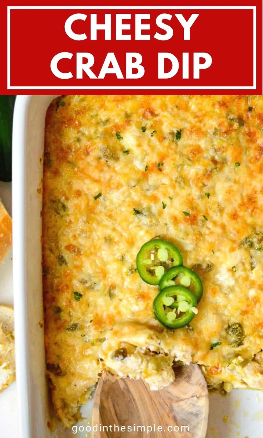 Pinterest image with text: cheesy crab dip