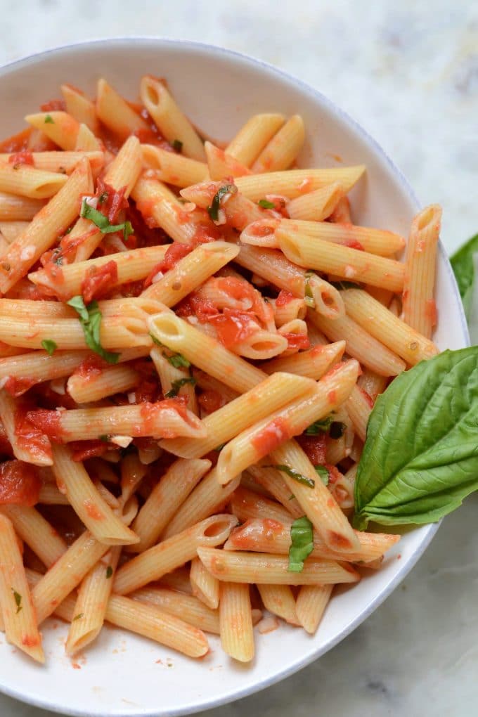 Penne pasta served with fresh, homemade tomato sauce