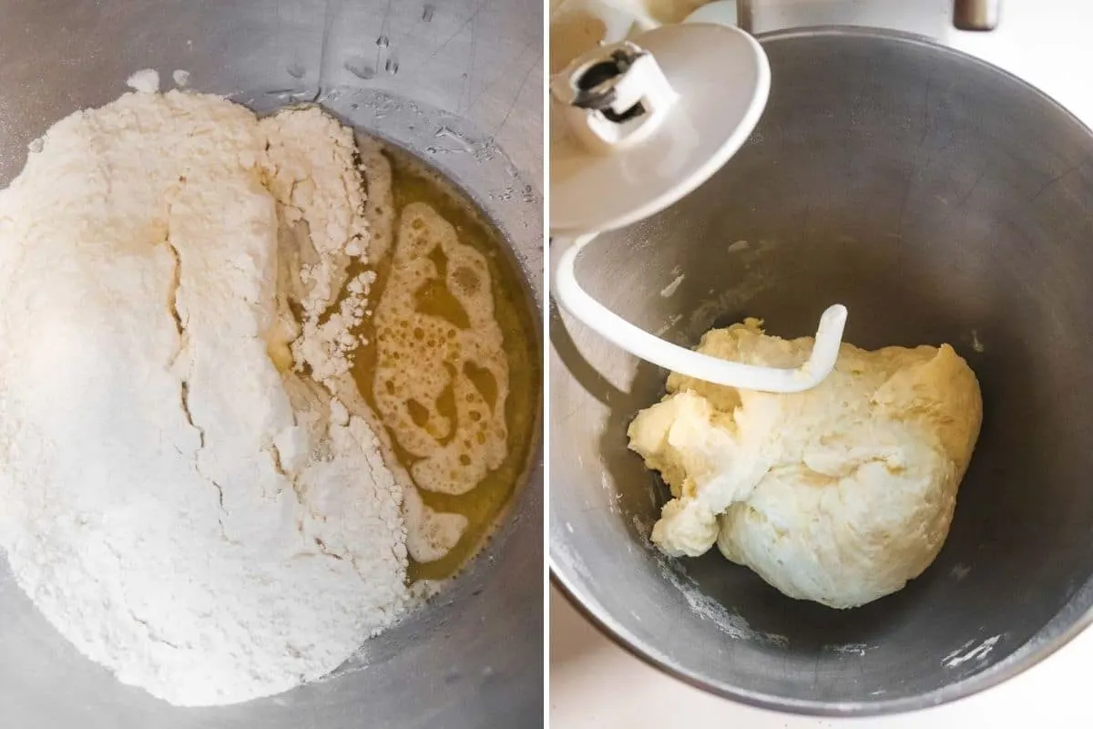 2 pictures of how to make dough for pinwheels