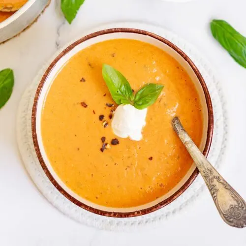 Bowl of roasted tomato and mascarpone soup