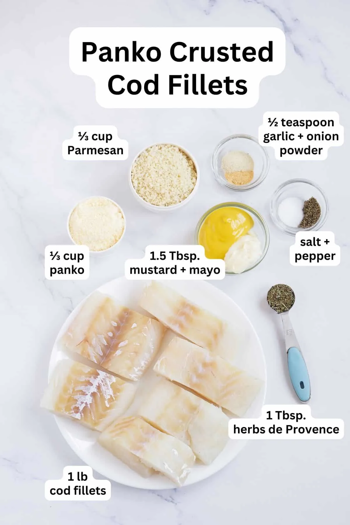 Ingredients to make panko breaded cod.