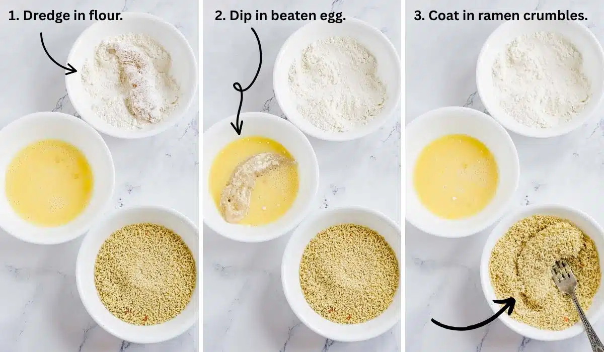 Collage of 3 pictures showing how to coat chicken in crispy ramen noodles