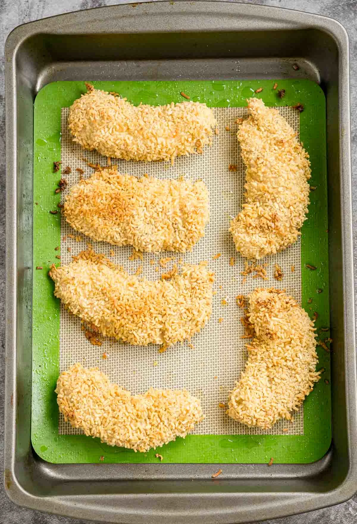Baked ramen crispy chicken in a baking pan