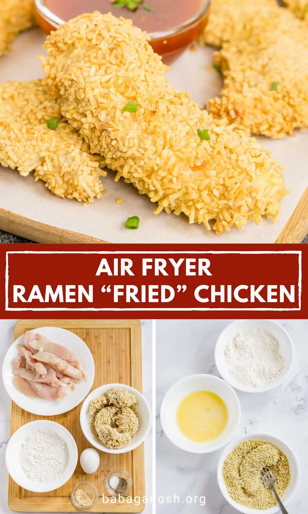 Pinterest image with text: Air Fryer Ramen "Fried" Chicken