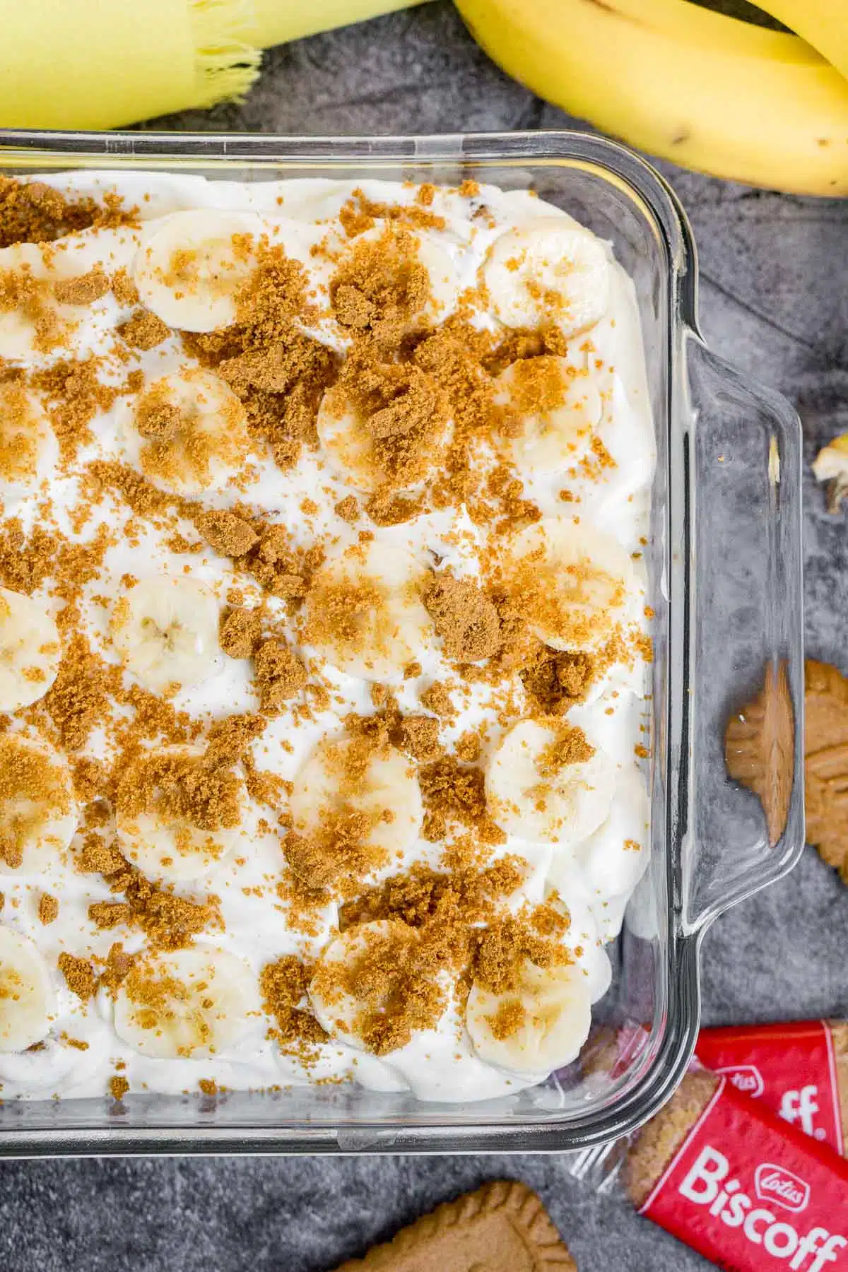 Dish of biscoff banana pudding