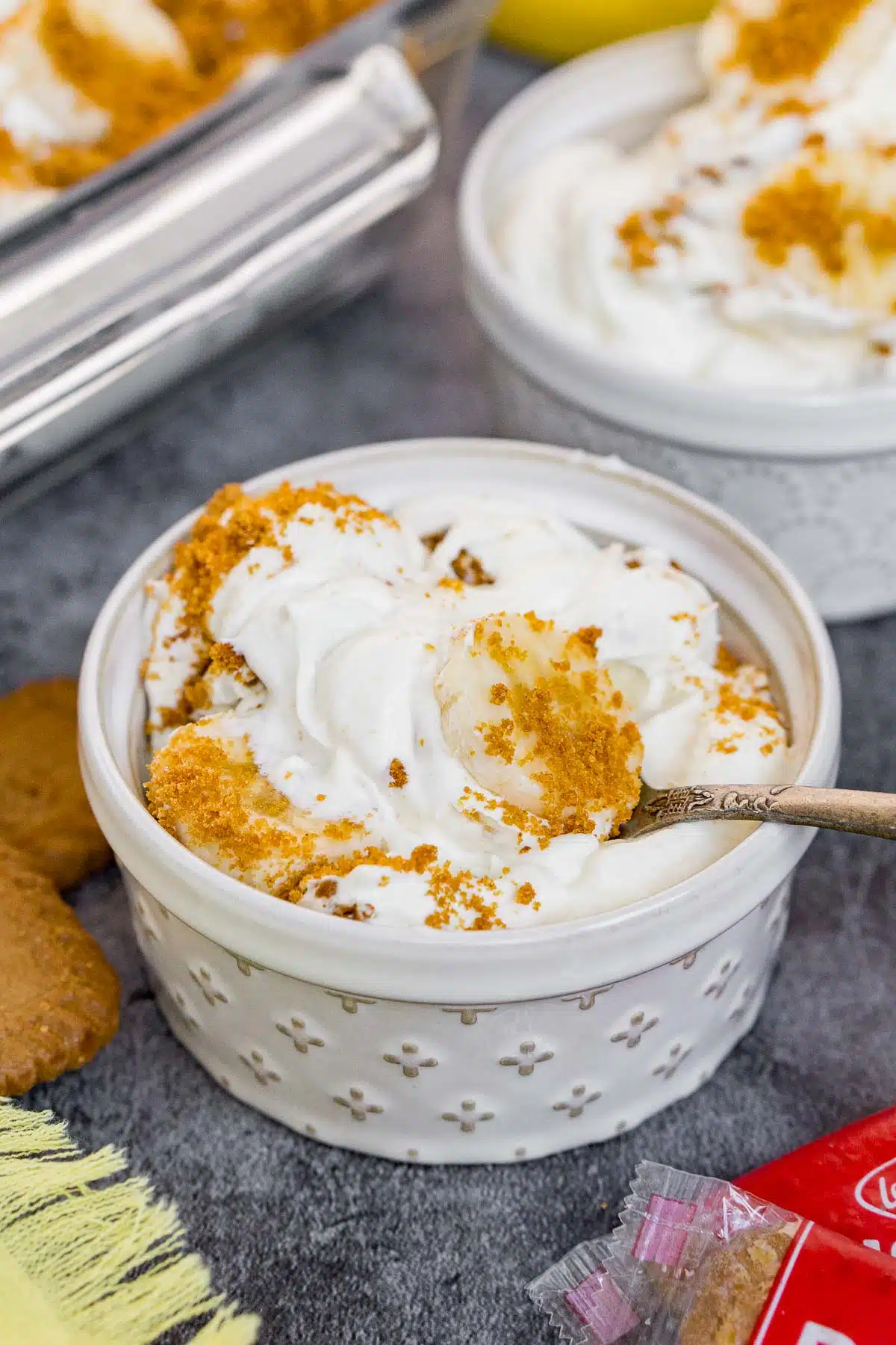 Bowl of banana pudding with brushed Biscoff cookies on top