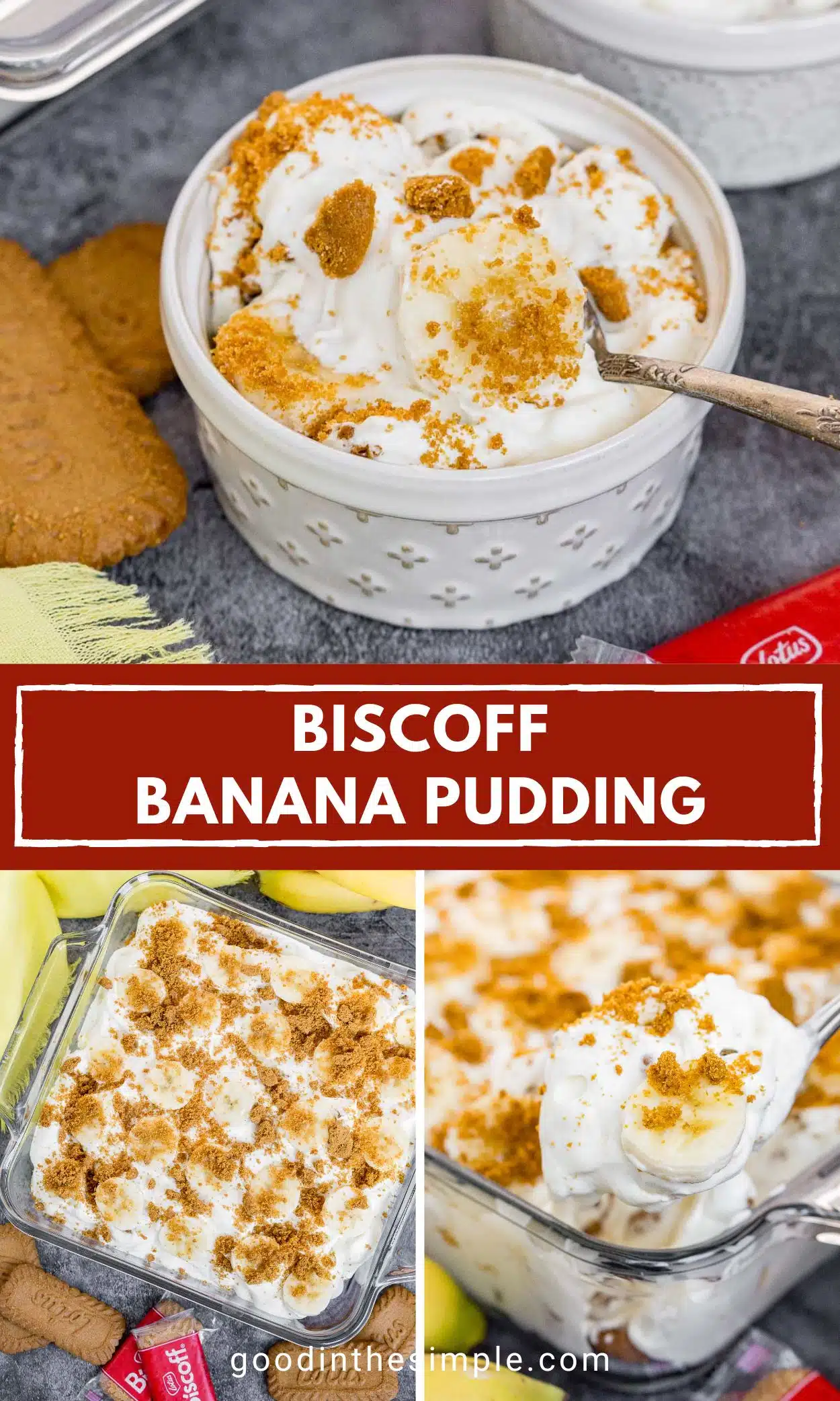 Pinterest image with text: Biscoff banana pudding