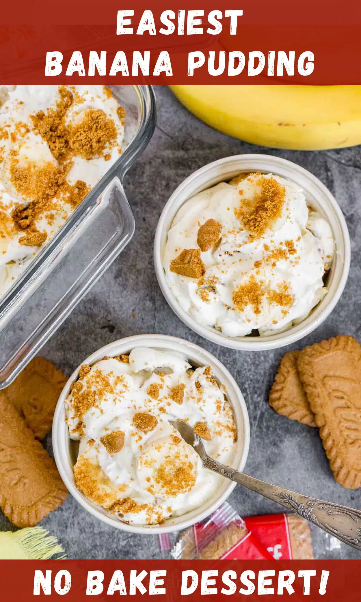 Pinterest image with text: easiest banana pudding - no bake dessert!