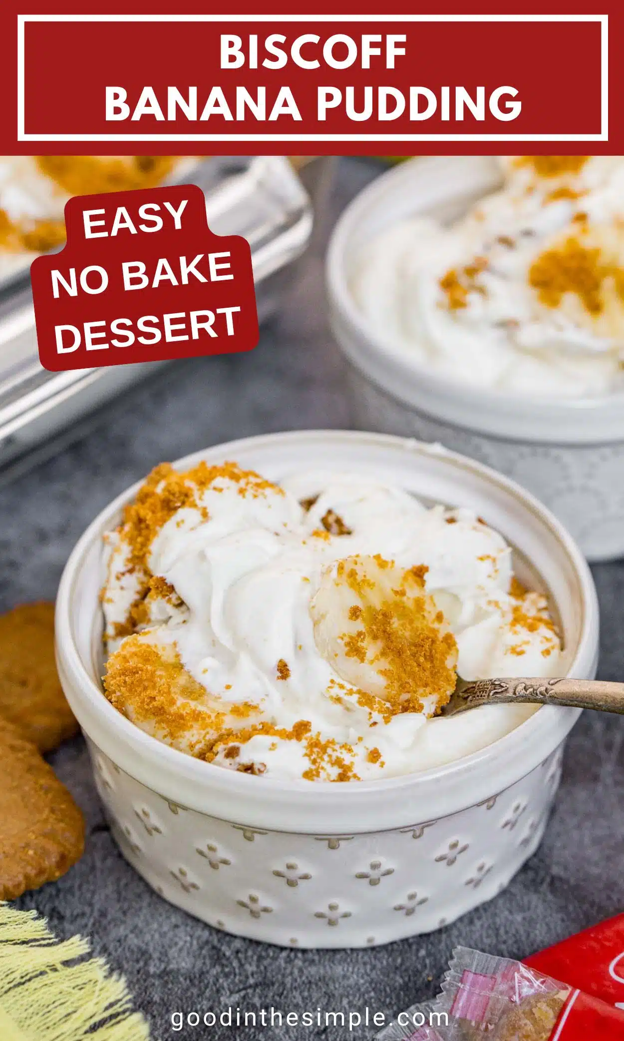 Pinterest image with text: Biscoff banana pudding - easy no bake dessert