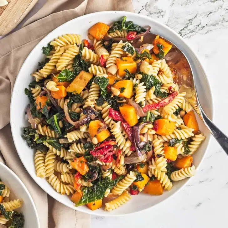 Bowl of butternut squash and kale pasta