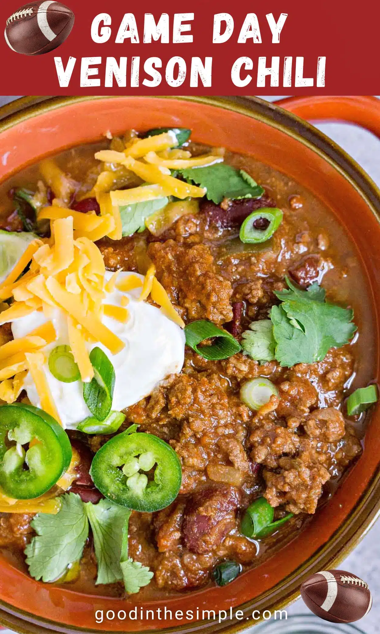 Pinterest image with text: Game day venison chili