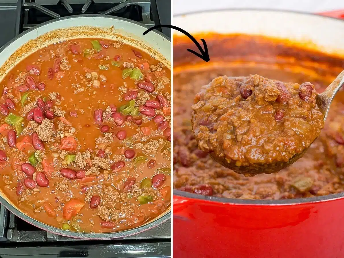 Collage of 2 pictures showing chili before and after simmering