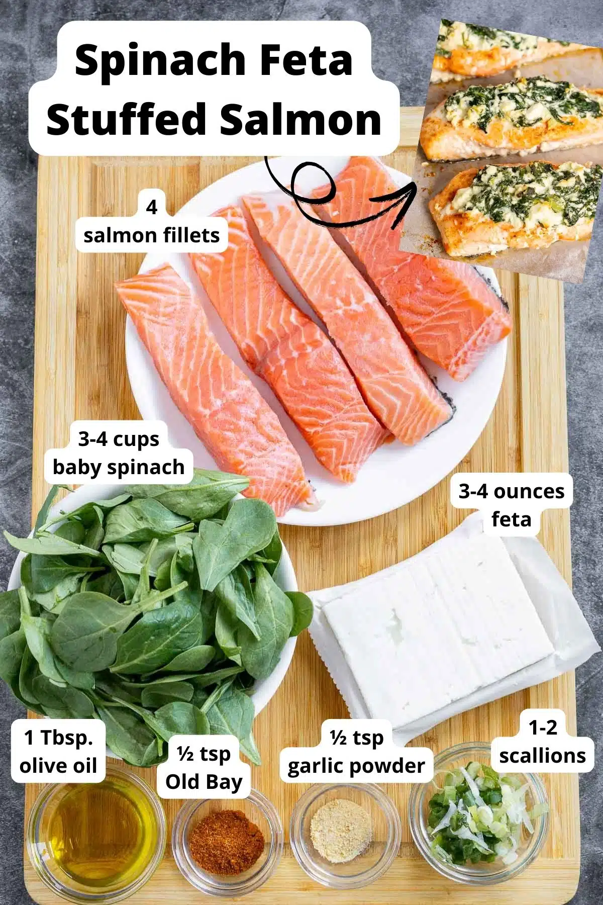 Ingredients to make salmon feta stuffed spinach