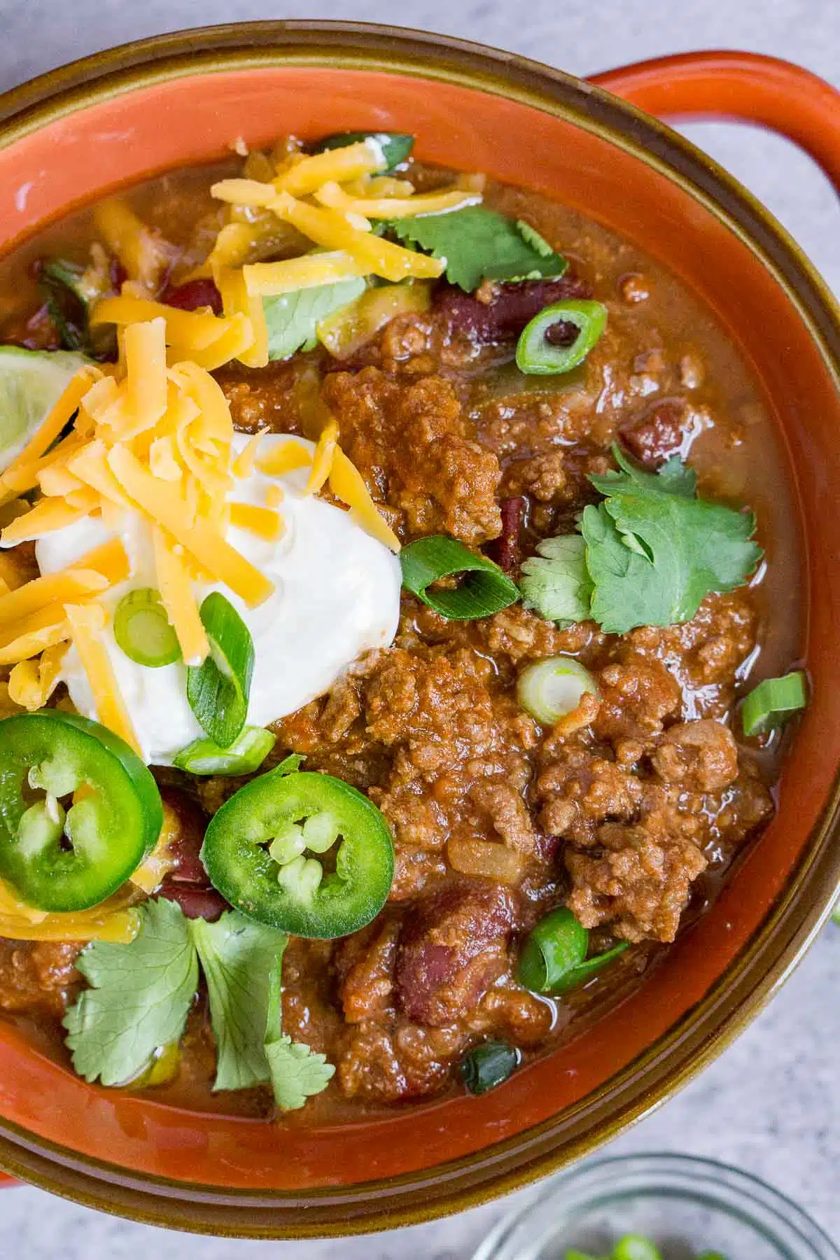 Close up of a bowl of ground venison chili