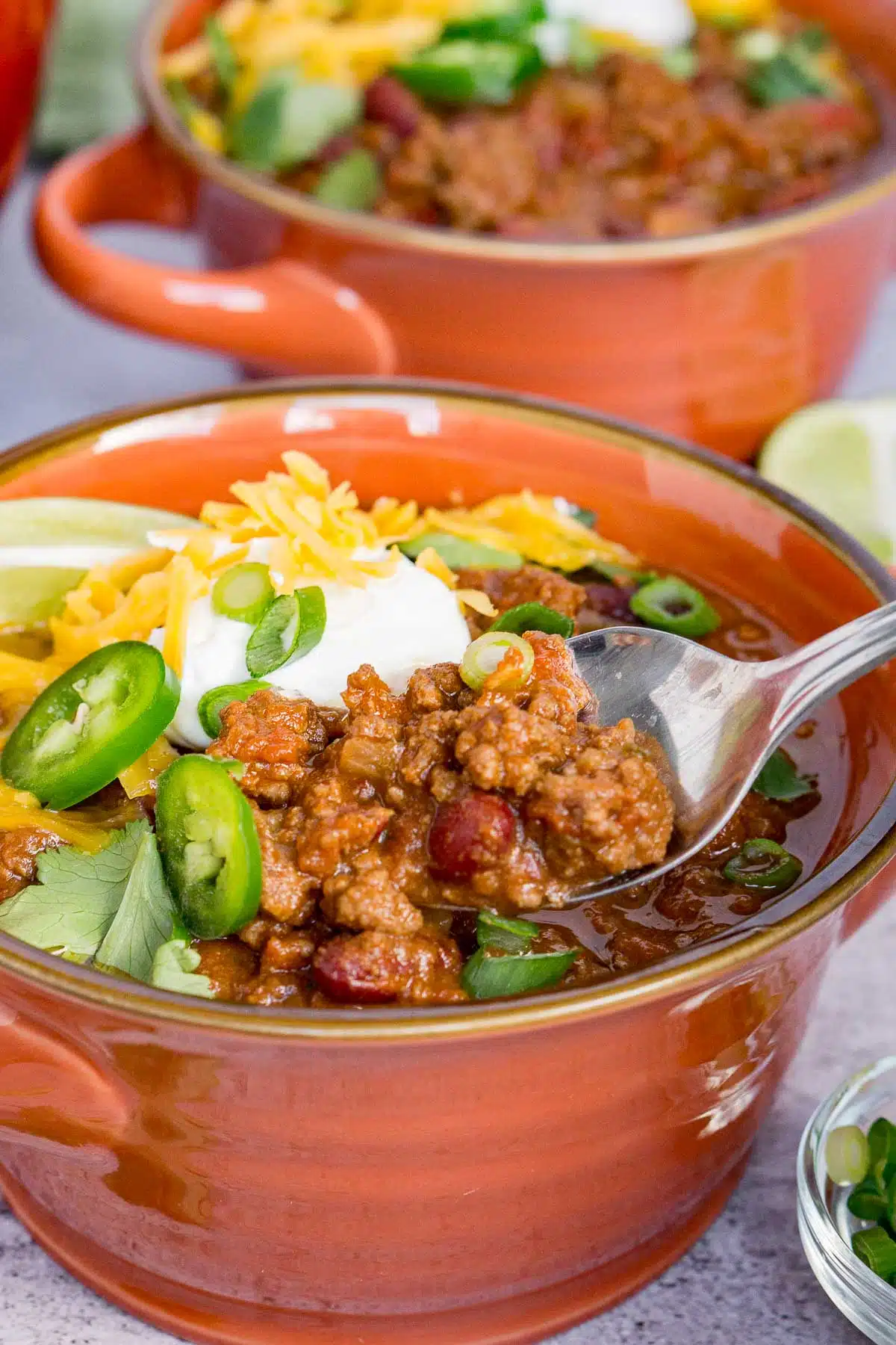 Spoonful of venison chili up close to show texture