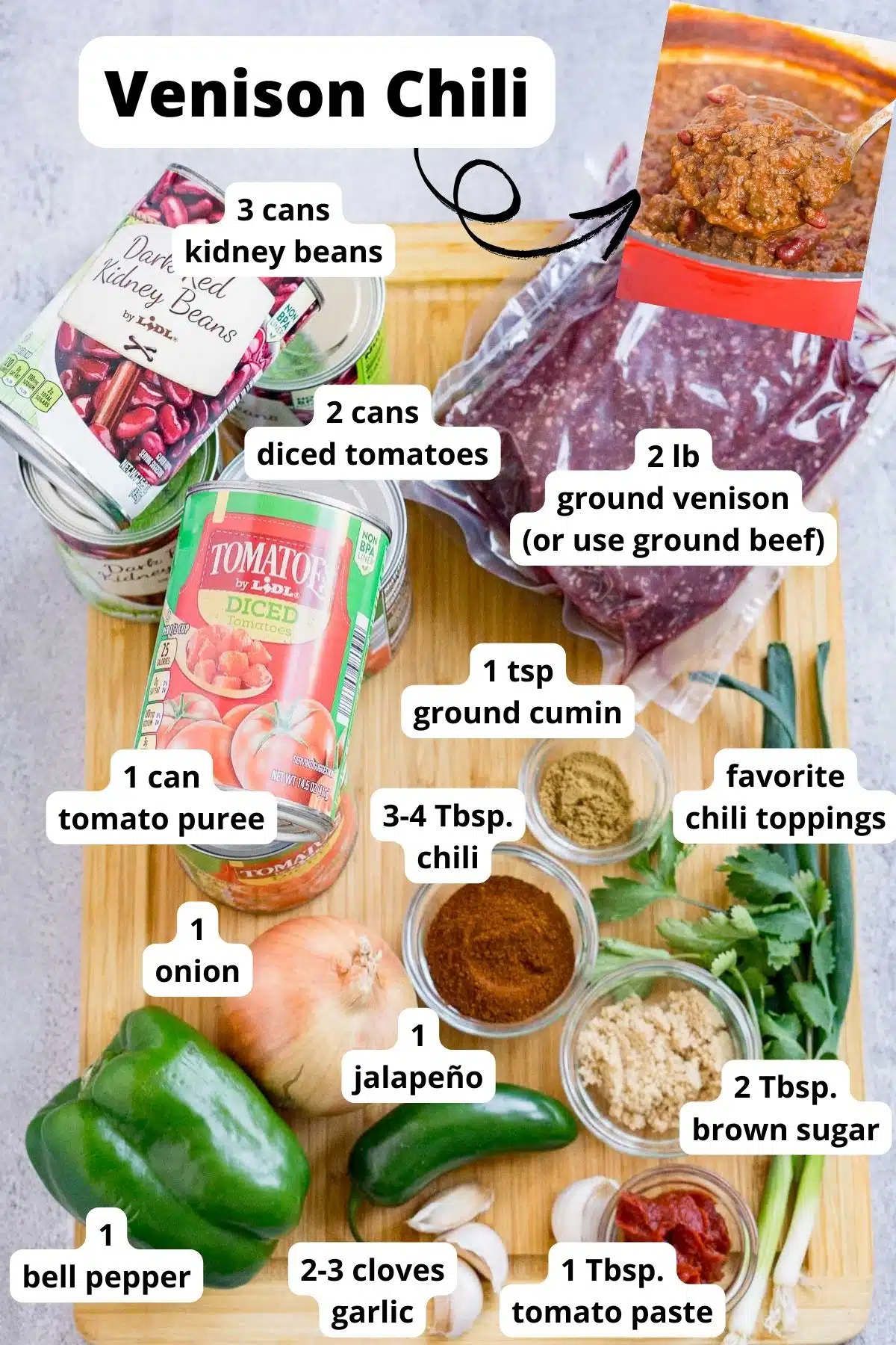 Ingredients to make venison chili