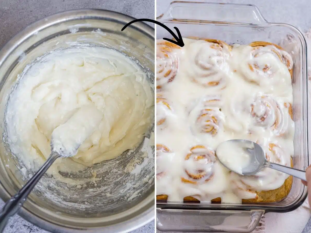 Collage of 2 pictures showing how to make cinnamon roll icing and spread it on