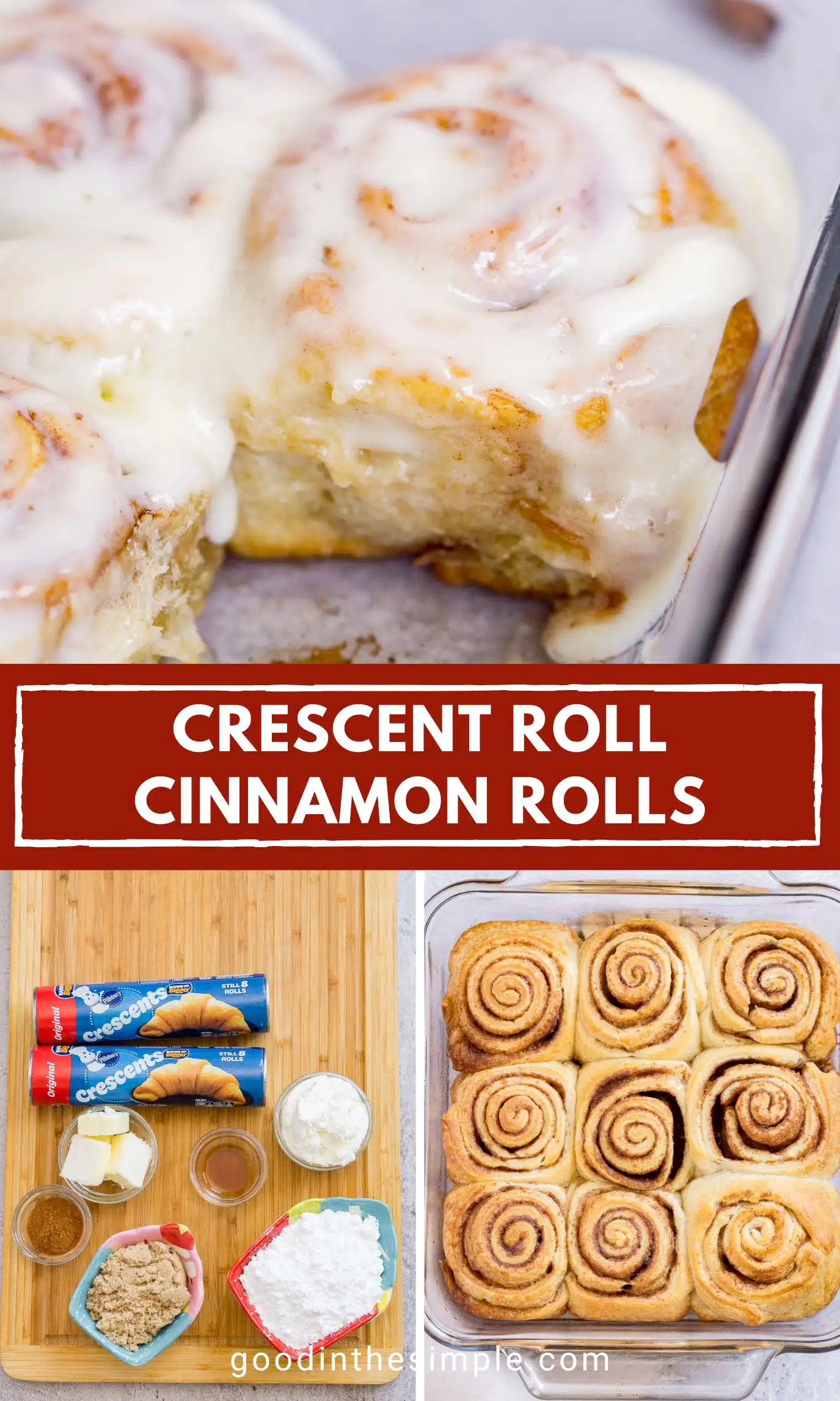Pinterest image with text: Crescent roll cinnamon rolls