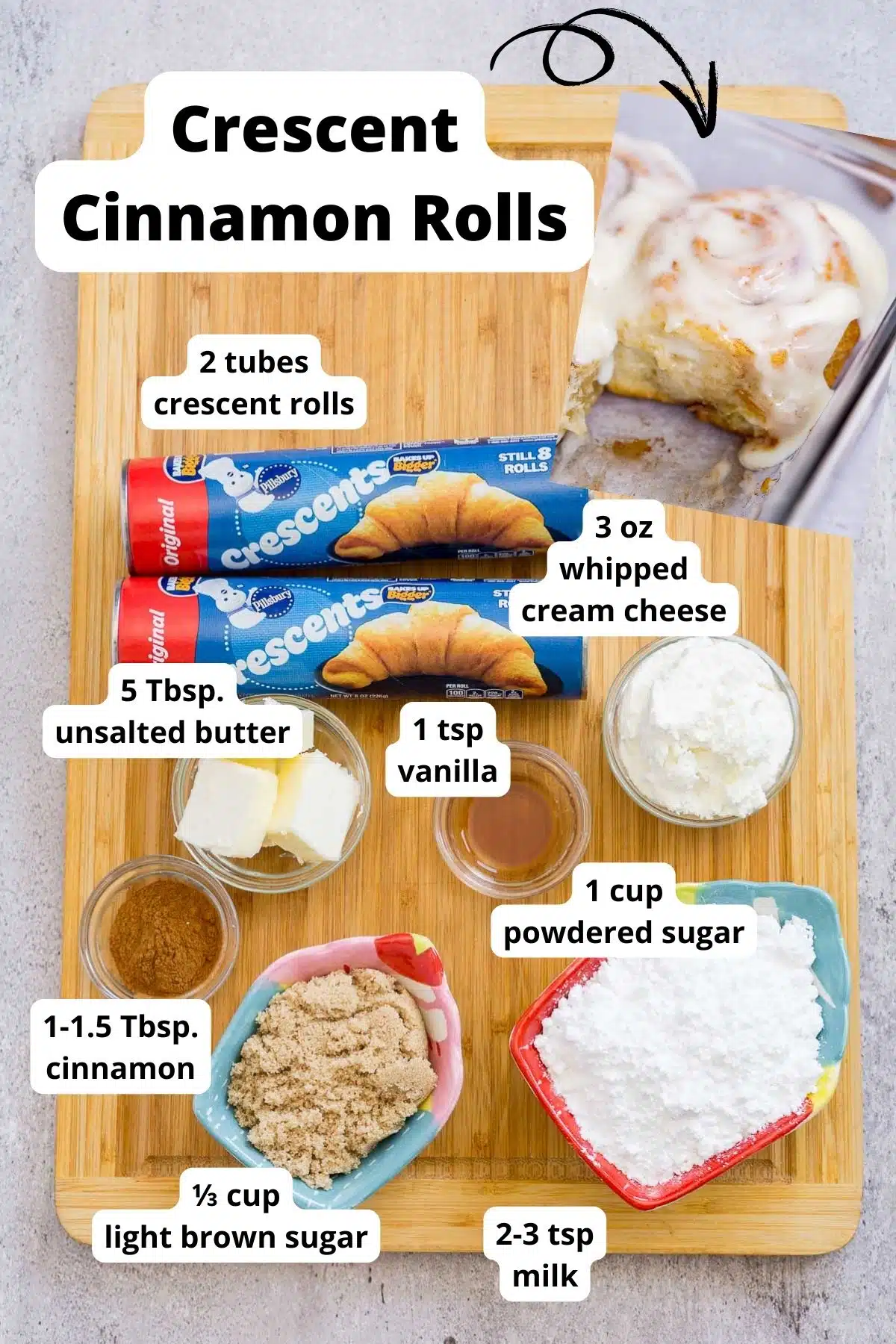 Ingredients to make croissant cinnamon rolls from crescent rolls