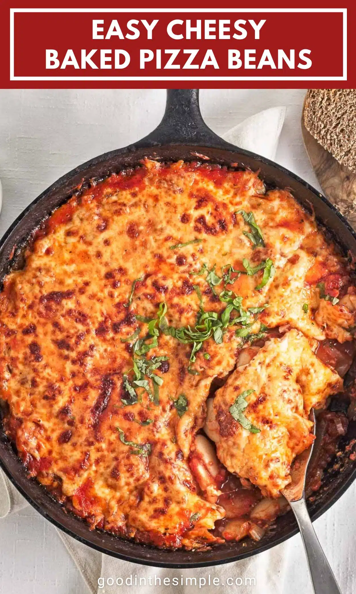 Pinterest image with text: Easy Cheesy Baked Pizza Beans