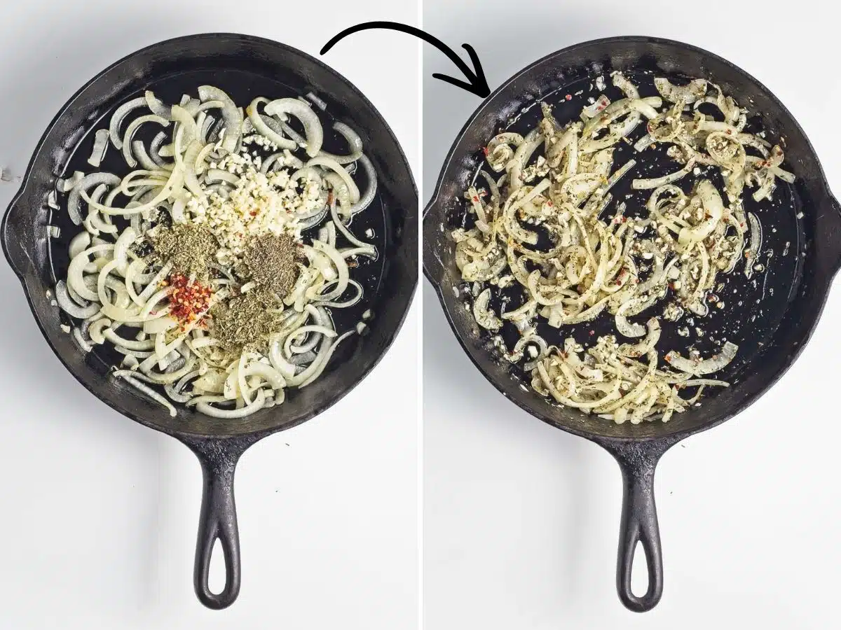 Collage of 2 pictures showing how to add herbs and garlic to sauteed onions