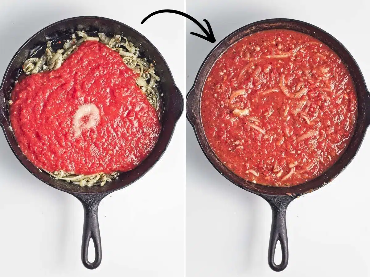 Collage of 2 pictures showing how to make tomato sauce for pizza beans