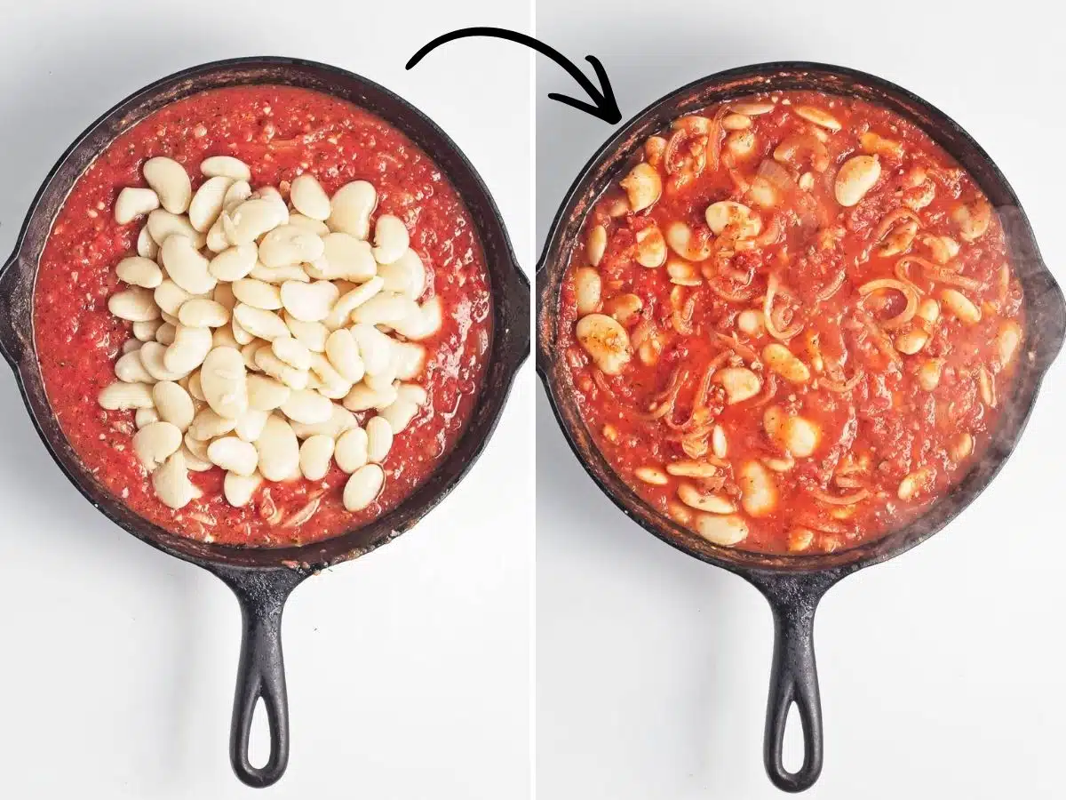 Collage of 2 pictures showing how to simmer beans in tomato sauce