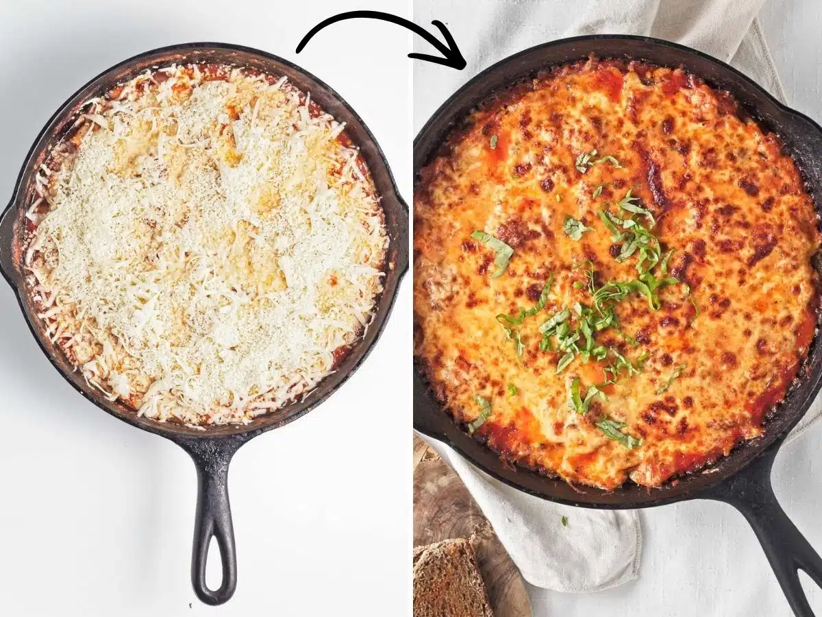 Collage of 2 pictures showing the before and after of baking a cheese-topped pizza beans casserole