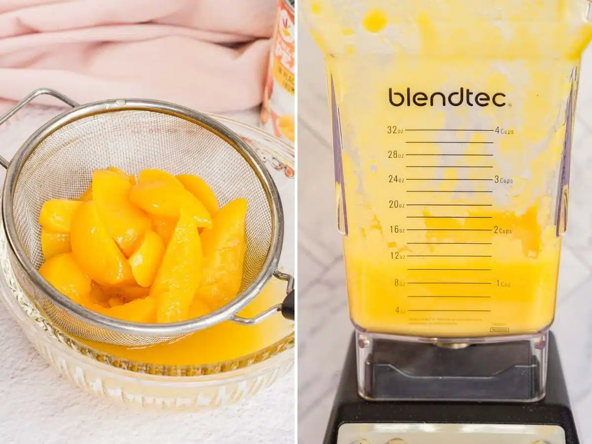 Collage of 2 pictures showing how to drain and blend canned peaches