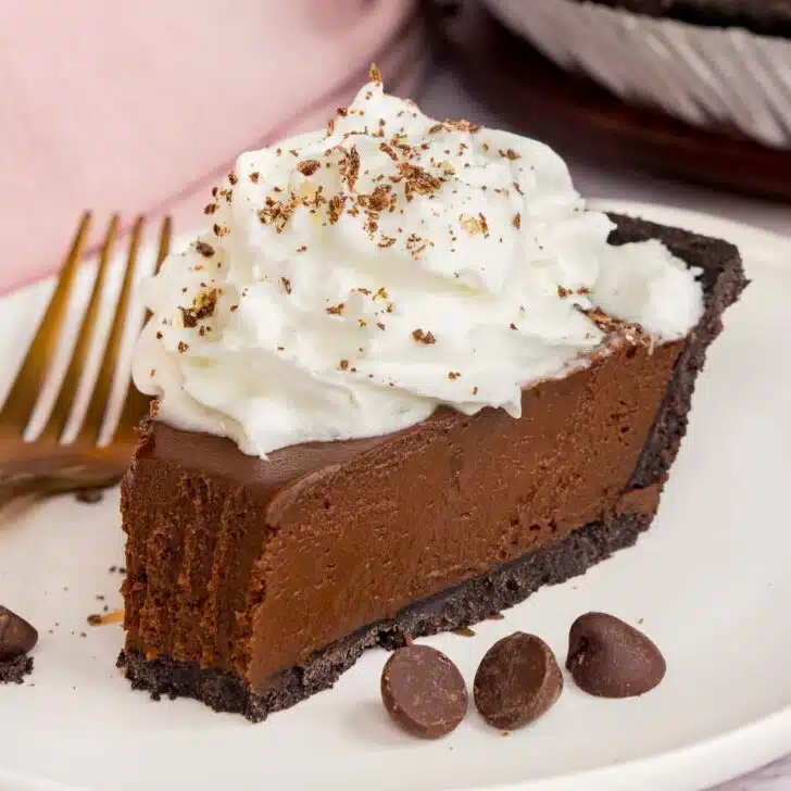 Close up of a chocolate mousse pie on a plate