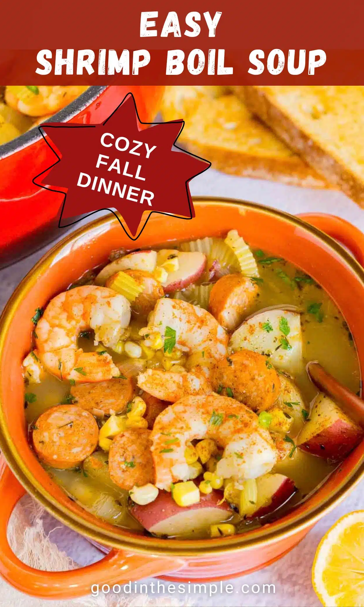 Pinterest image with text: Easy shrimp boil soup - cozy fall dinner