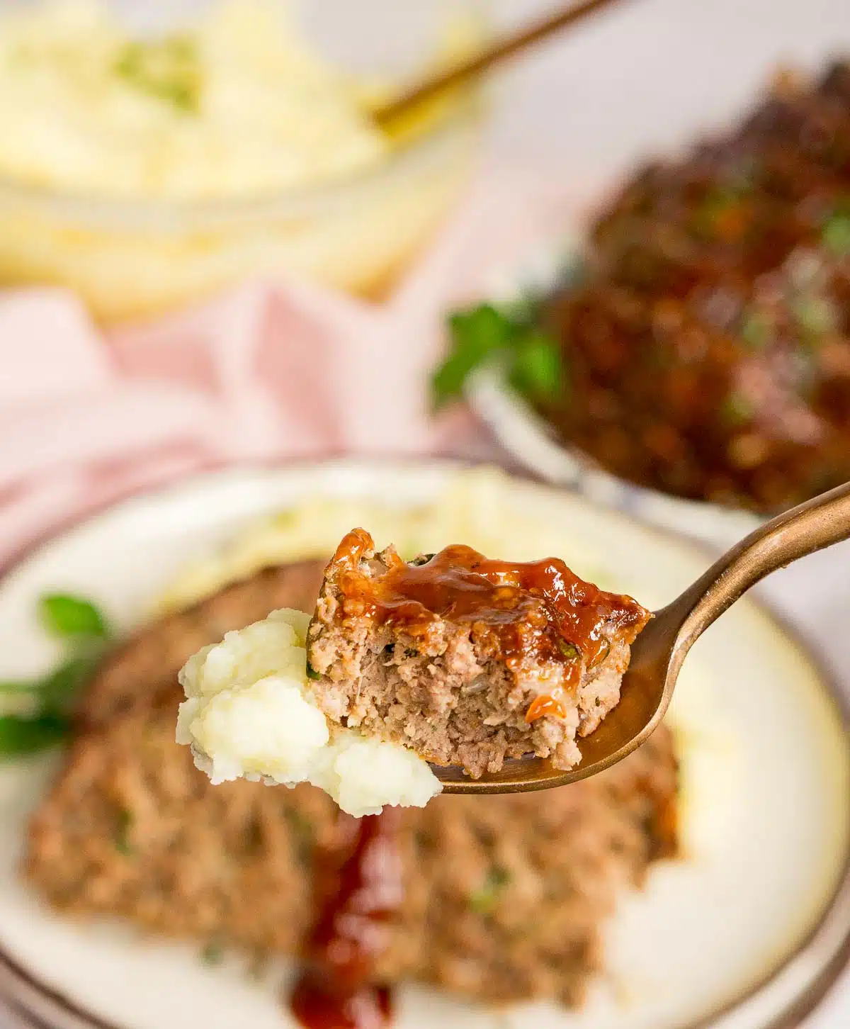A piece of venison meatloaf and mashed potatoes on a fork.