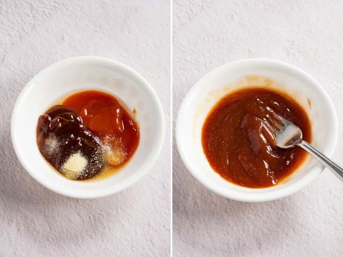 Collage of 2 pictures showing how to make glaze for meatloaf