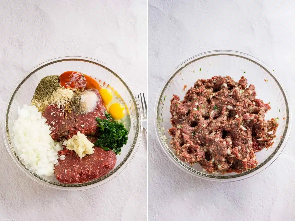 Collage of 2 pictures showing how to make venison meatloaf mixture in a bowl