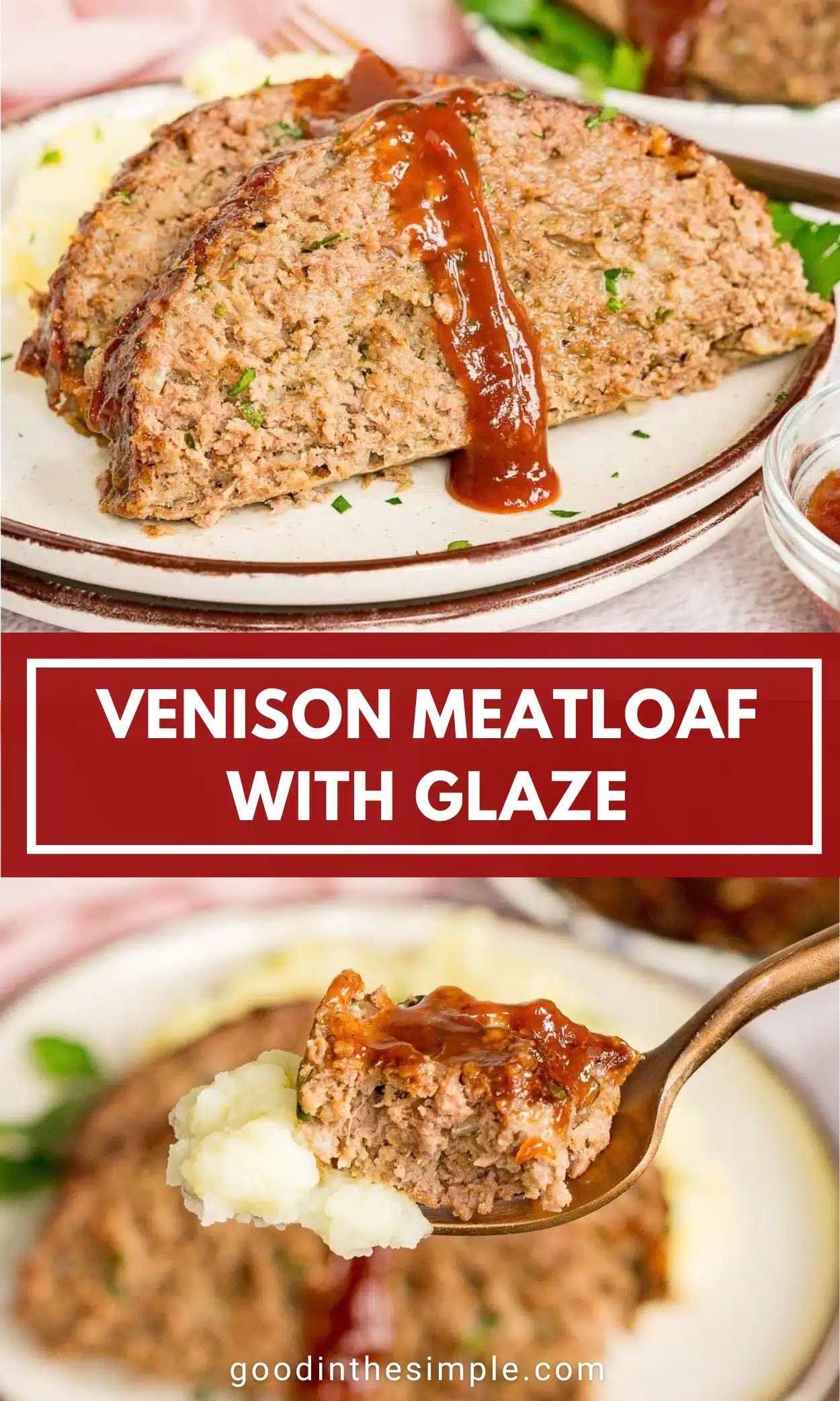 Pinterest image with text: venison meatloaf with glaze