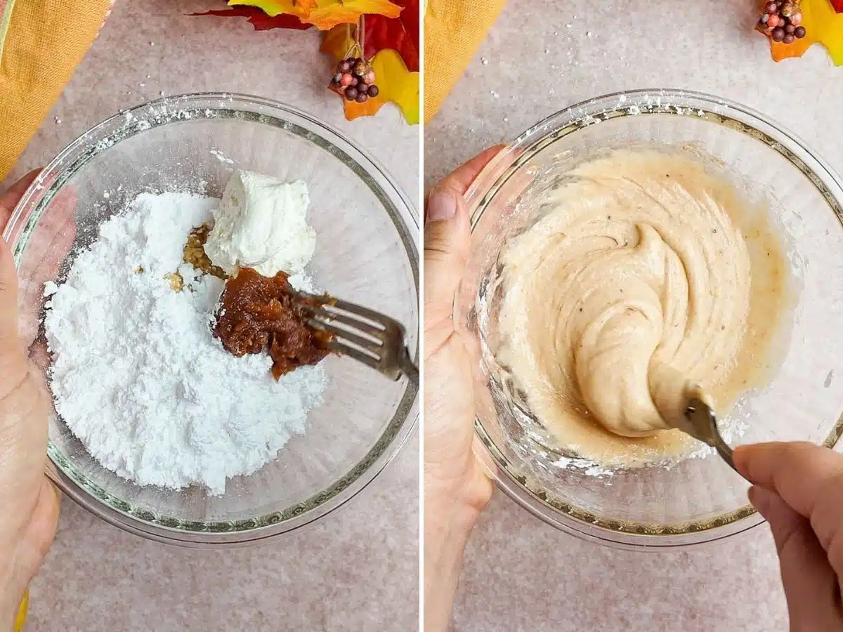 Collage of 2 pictures showing how to make apple butter icing for apple butter rolls
