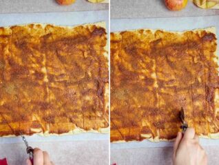 Collage of 2 pictures showing how to measure out and cut cinnamon rolls from crescent roll dough
