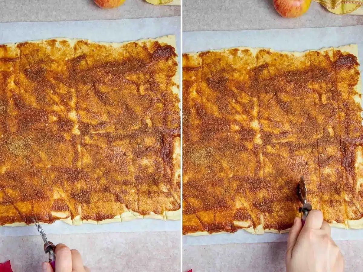 Collage of 2 pictures showing how to measure out and cut cinnamon rolls from crescent roll dough