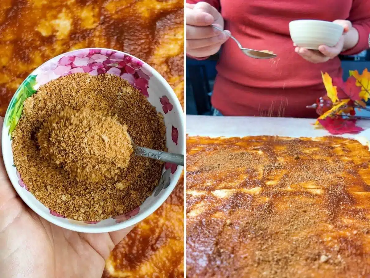 Collage of 2 pictures showing how to make and sprinkle cinnamon brown sugar on apple butter rolls