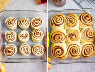Collage of 2 pictures showing apple butter rolls before and after baking