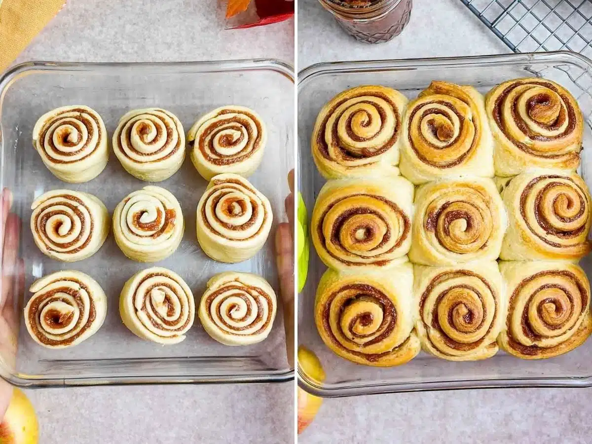 Collage of 2 pictures showing apple butter rolls before and after baking