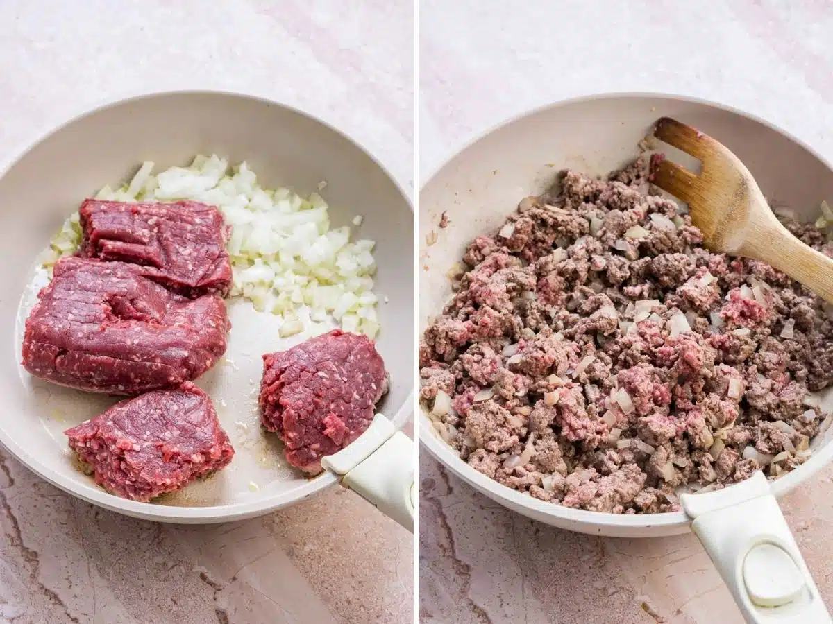 Collage of 2 pictures showing how to cook ground bison for tacos