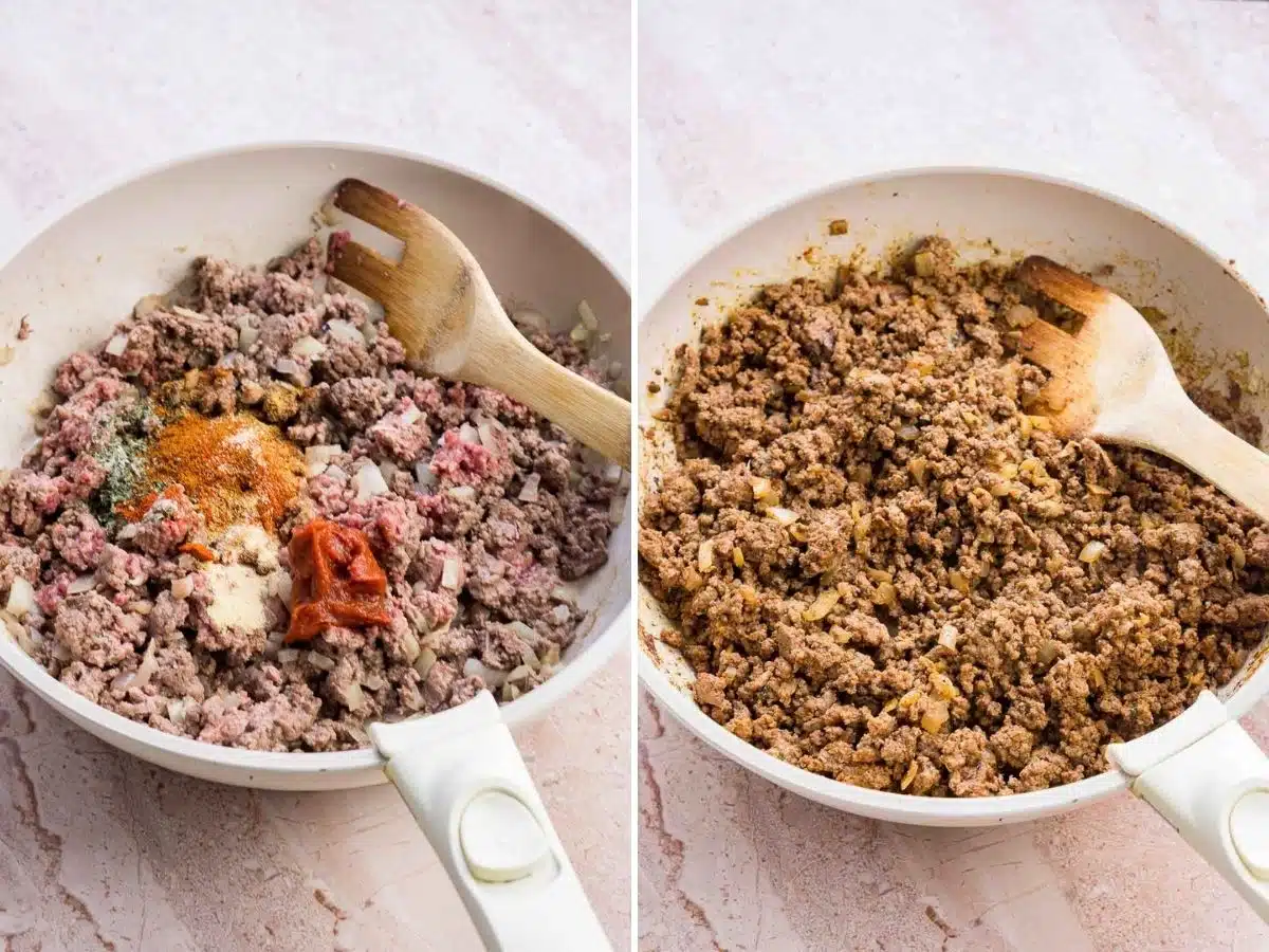 Collage of 2 pictures showing how to add taco seasonings to ground bison and make taco meat